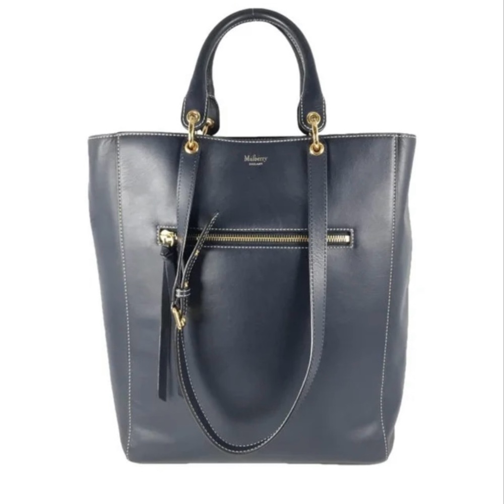 Mulberry Blue Leather Tote Bag with Gold Accents